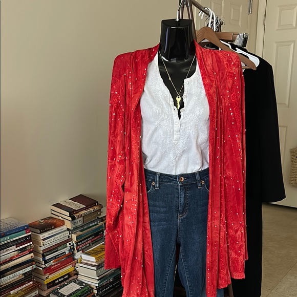 Red Orange Embellished Kimono Cardigan Size 26/28 Fit L -XL - Picture 1 of 8